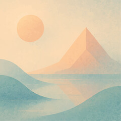Serene Minimalist Landscape Sun, Mountain, and Calm Waters