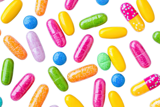 Colorful pills scattered on black background (1)