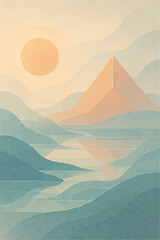 Serene Minimalist Mountain Landscape Sunrise Over Calm Waters