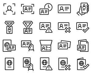 Simple Set of ID and Verification Related Vector Line Icons. Contains such Icons as Passport, Driving License, Legal documents and more.