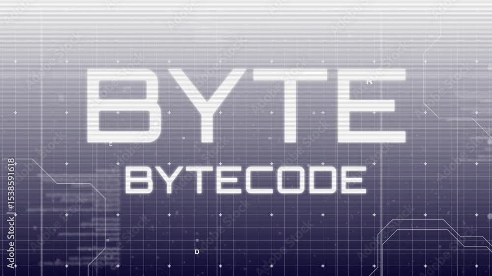 Poster opening dark grid presenting animated byte and bytecode at center, floating letters and circuits