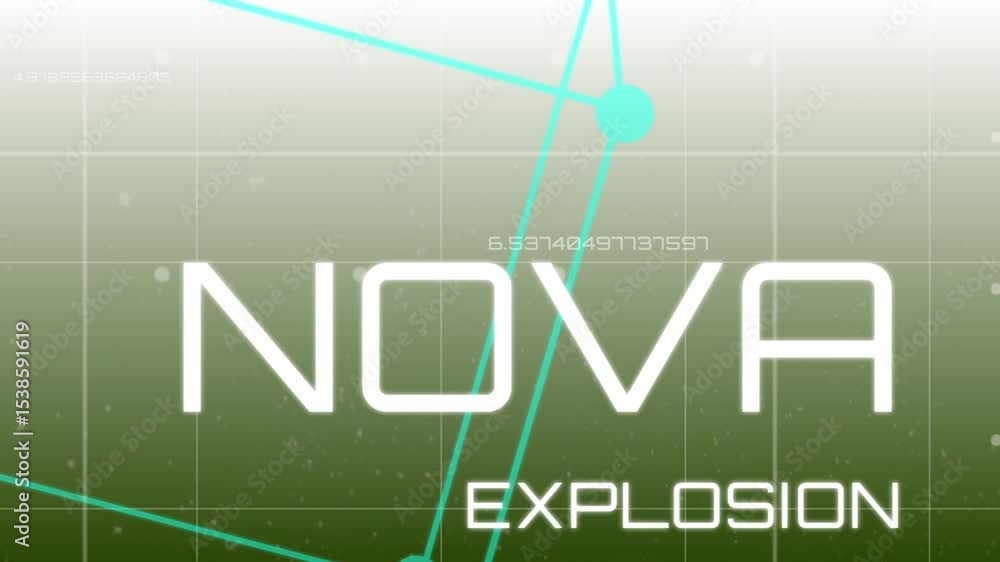Poster data stream initiating turquoise network over grid updating labels before revealing nova explosion