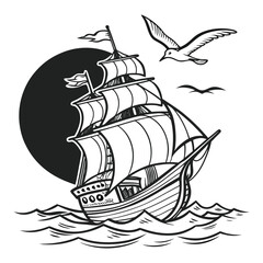 Monochrome Vintage Sailing Ship Outlined Illustration for Nautical Art