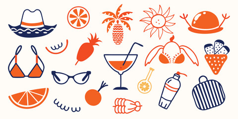 Colorful and playful summer vacation illustration set featuring iconic holiday elements on a transparent background suitable for numerous design applications