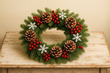Festive holiday decoration on a rustic wooden surface