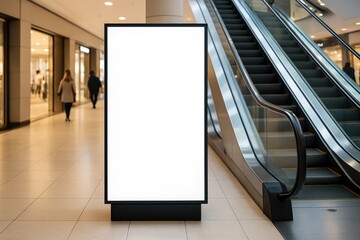 Store display banner mock-up with large vertical poster near escalator in shopping mall