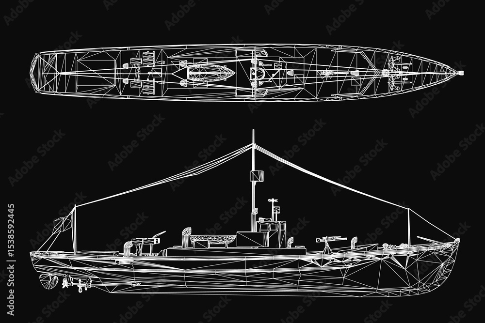Poster detailed blueprint of a warship model with intricate lines and geometric shapes, showcasing a comple