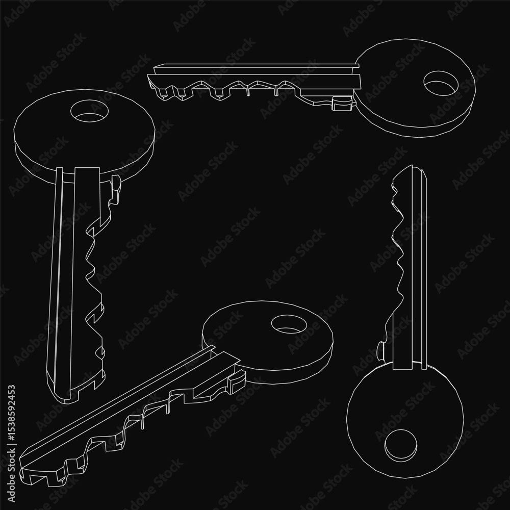 Poster a set of black and white keys arranged symmetrically on a solid black background, featuring a large 