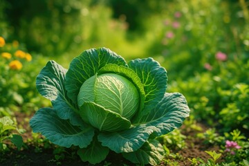 Sunlit garden scene featuring fresh cabbage