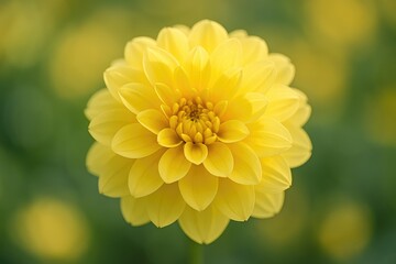 A vibrant yellow blossom with multiple petal layers in full bloom, featuring a gentle bokeh background.
