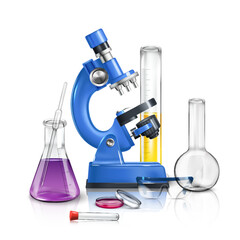 Realistic laboratory set of isolated compositions with various lab equipment scales microscope and test tube stands vector illustration
