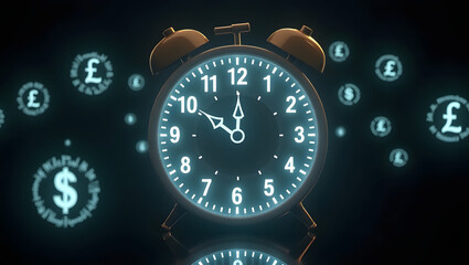 Vintage twin bell alarm clock with glowing white numbers floating in digital space surrounded by international currency symbols conveying financial urgency and time management pressure
