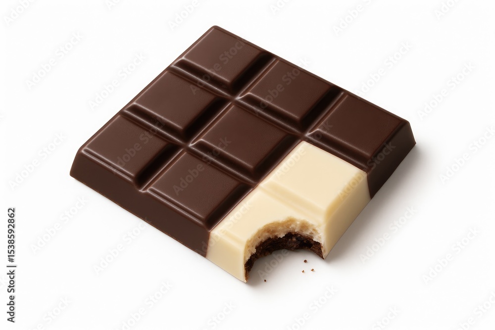 Poster single chocolate bar with bite marks on a plain white backdrop. clipping path included. monochrome c