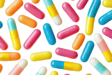 Colorful, oblong capsules in various hues, clustered densely on black background