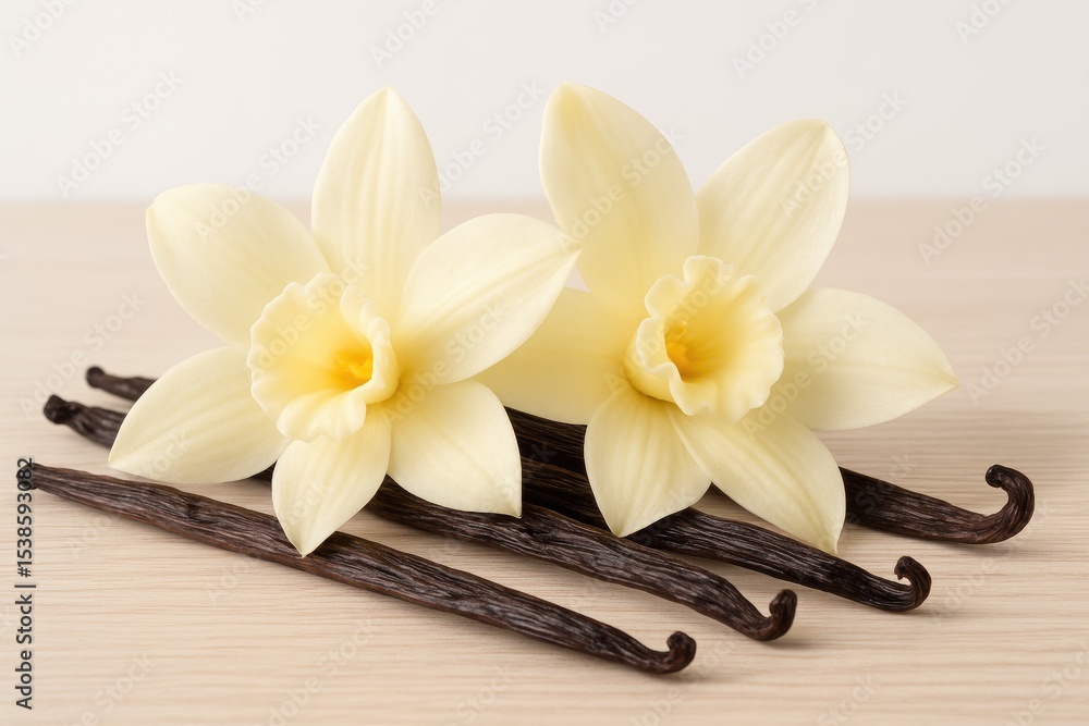 Poster fragrant vanilla beans and blossoms displayed on a surface with a plain white backdrop