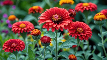 Vibrant crimson zinnia attracting pollinators for pollen gathering