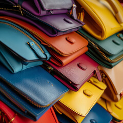 pile of trendy luxury coloured leather handbag