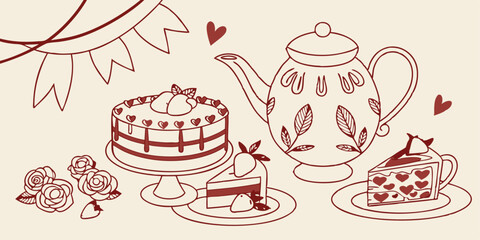 Elegant summer vacation illustration set featuring delightful cake designs and tea accessories perfect for various decorative projects