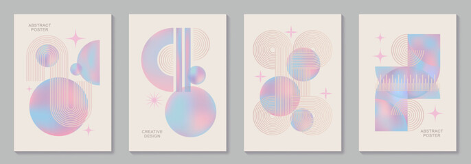 Abstract modern gradient poster vector set with Bauhaus pattern. Minimalist geometric colorful cover templates for interior design, social media, cover, banner, flyer, ads. Vector illustrations.