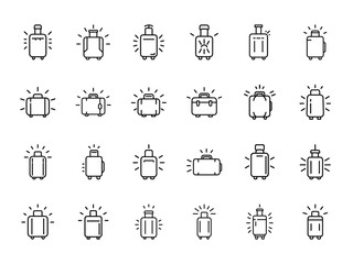 Glowing silhouette of a travel suitcase icon with radiant neon light effect on a dark background, ideal for travel apps, luggage brands, and vacation-themed designs