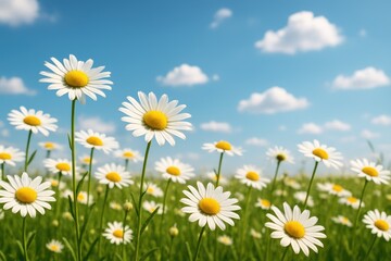 Blooming chamomile under a clear sky in a picturesque spring landscape