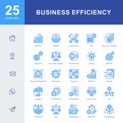 An icon set representing key elements of business efficiency—from optimization, scalability, and ROI to SOP, outsourcing, and time-saving strategies in professional workflows.