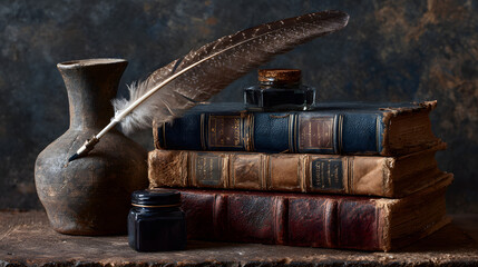 Old leather-bound books stacked beside a quill and inkpot, with dark textured backgrounds