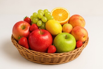 Vibrant assortment of fresh fruits in a basket on a soft background