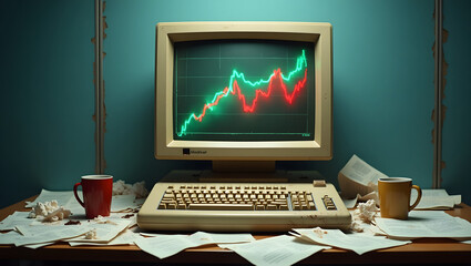Worn beige desktop computer with CRT monitor displaying volatile green and red stock chart in cluttered workspace filled with papers and coffee cups reflecting outdated financial chaos
