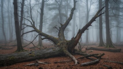 Damaged tree shrouded in misty woodland