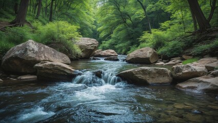 A flowing river navigating over stones