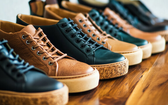 Close-up of leather sneakers row on wooden floor.