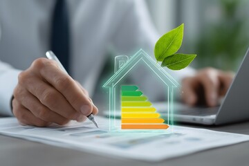 Businessman calculating energy efficiency of building with green leaves