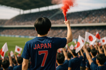 Japanese fan holding red flare among waving flags