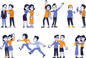 Diverse friendship moments in daily life – flat cartoon characters sharing emotions, support and fun together.