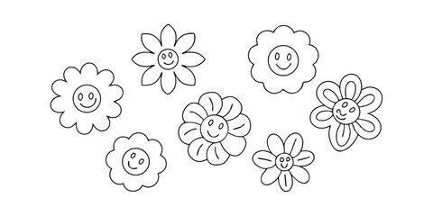 Playful hand drawn smiling flowers in outline form arranged on a white background featuring a cheerful summer vacation illustration set with a light and airy feel