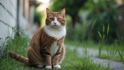 A crimson feline resting on the grassy roadside