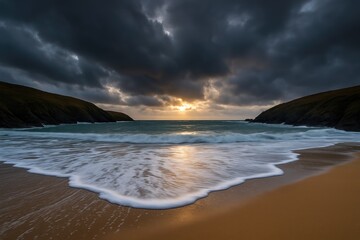 Fototapeta premium A stormy winter sky over Porth Joke beach during high tide along the South West Coastal Path, North Cornwall