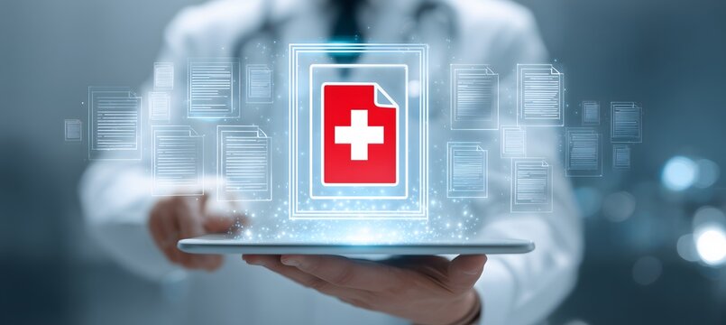 Doctor managing medical records on digital tablet with healthcare data icon