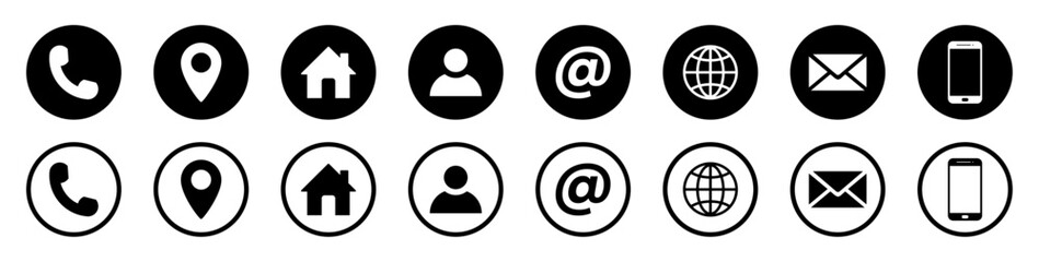 Set of contact and communication icons in outline and circle style. Contact information icons for business cards. Includes home, map pin, globe, at symbol, phone, and email. Vector illustration.