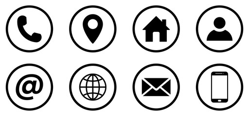 Set of contact and communication icons in outline and circle style. Contact information icons for business cards. Includes home, map pin, globe, at symbol, phone, and email. Vector illustration.