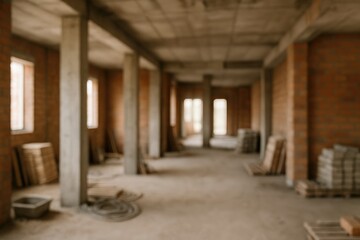 Unclear view of an incomplete building project showing exposed brickwork, concrete supports, and construction supplies scattered across the site
