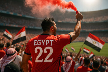 Egyptian fan in red shirt celebrates with flare

