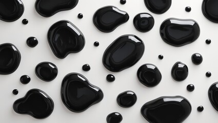 Splotches of shiny black ink on a white surface