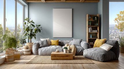 Fototapeta premium Living room featuring a gray couch, blank canvas, and natural lighting