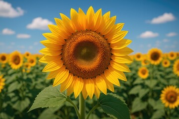 Vivid yellow and orange sunflower blooming in a vast farmland