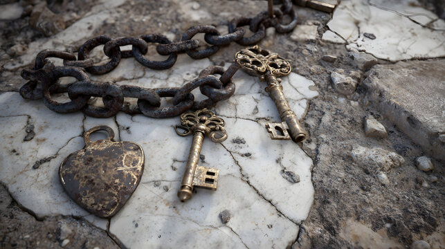 Tangled iron chains and aged skeleton keys lying on cracked, aged marble or stone