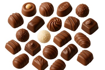 Fototapeta premium Variety of chocolate pralines cascading onto a white surface