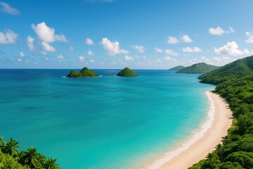 Naklejka premium Aerial perspective of lush tropical islands surrounded by the vast Pacific Ocean