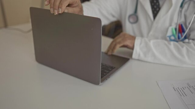 Doctor in white coat with stethoscope at desk in clinic using laptop; setting implies medical professionalism and a focus on technology in a healthcare workplace.